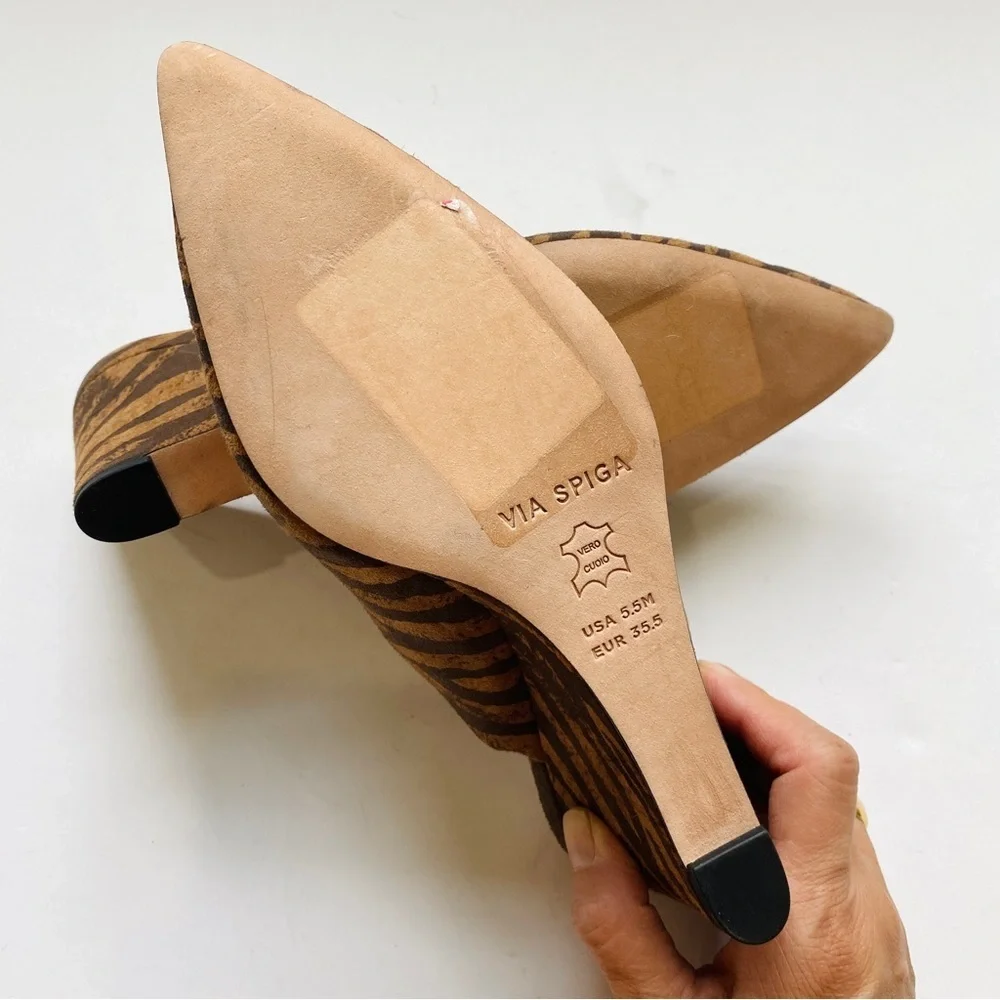 Via Spiga tiger print suede wedge mules